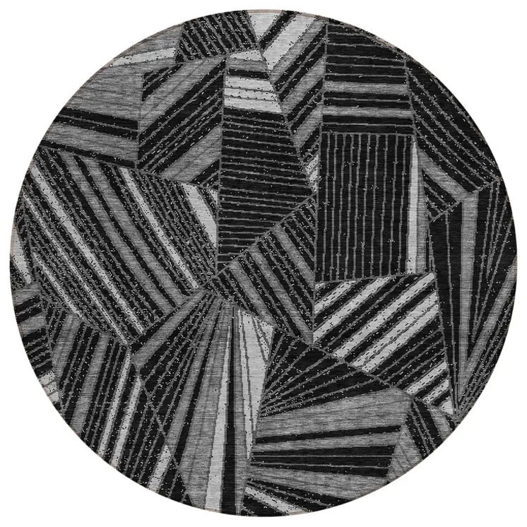 8' Black And Gray Round Geometric Washable Indoor Outdoor Area Rug