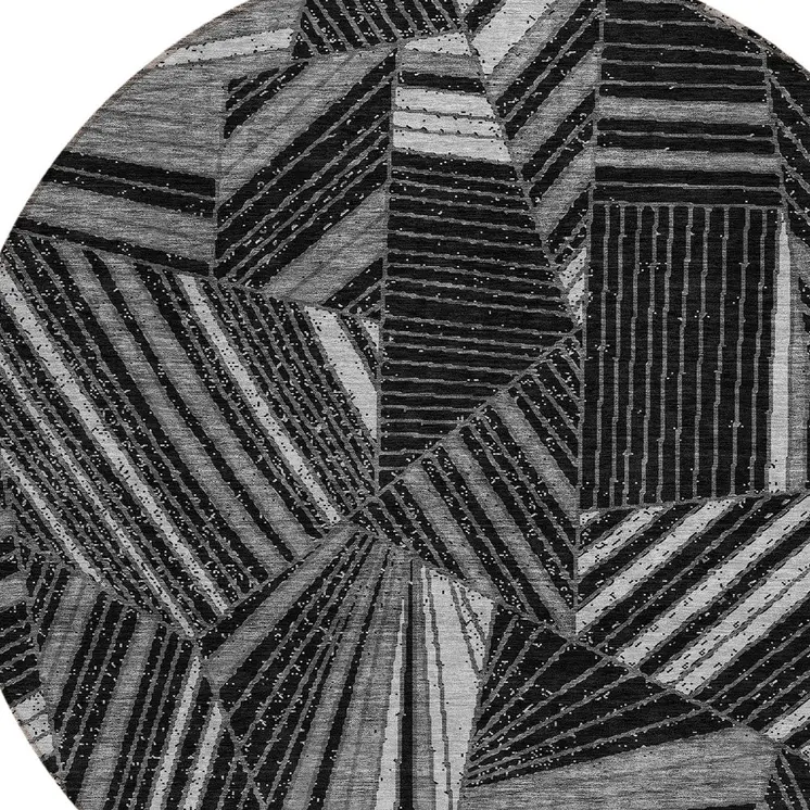 8' Black And Gray Round Geometric Washable Indoor Outdoor Area Rug