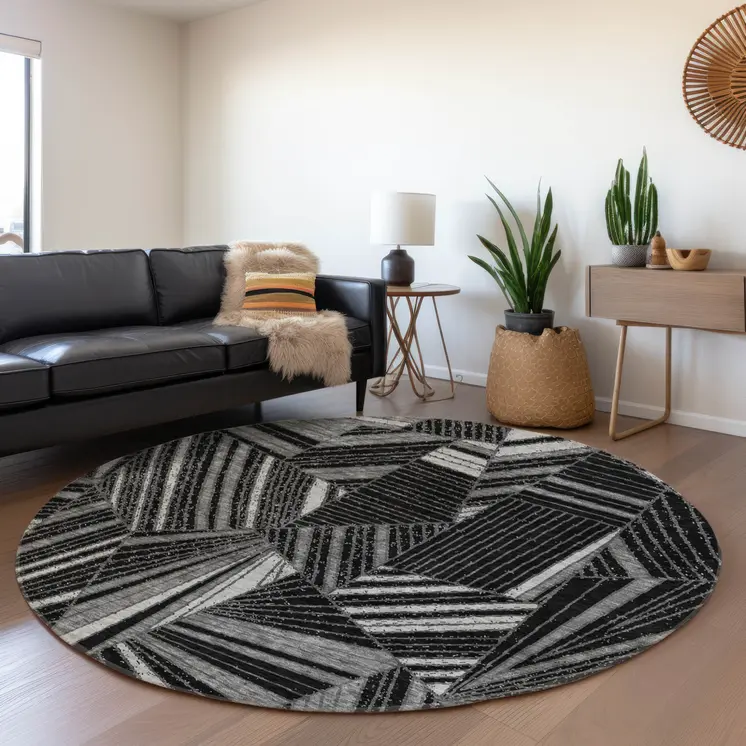 8' Black And Gray Round Geometric Washable Indoor Outdoor Area Rug
