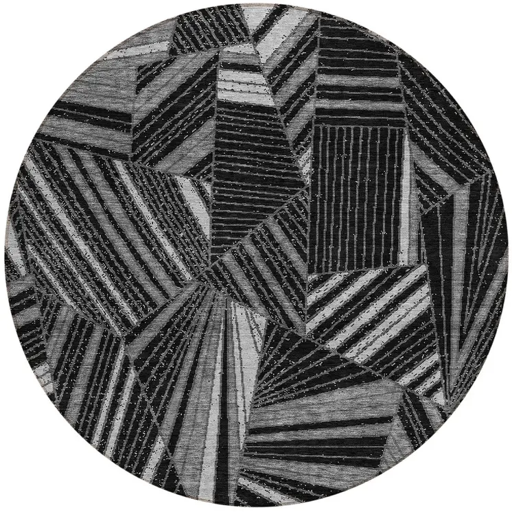 8' Black And Gray Round Geometric Washable Indoor Outdoor Area Rug