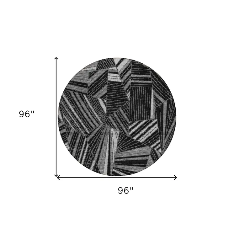 8' Black And Gray Round Geometric Washable Indoor Outdoor Area Rug