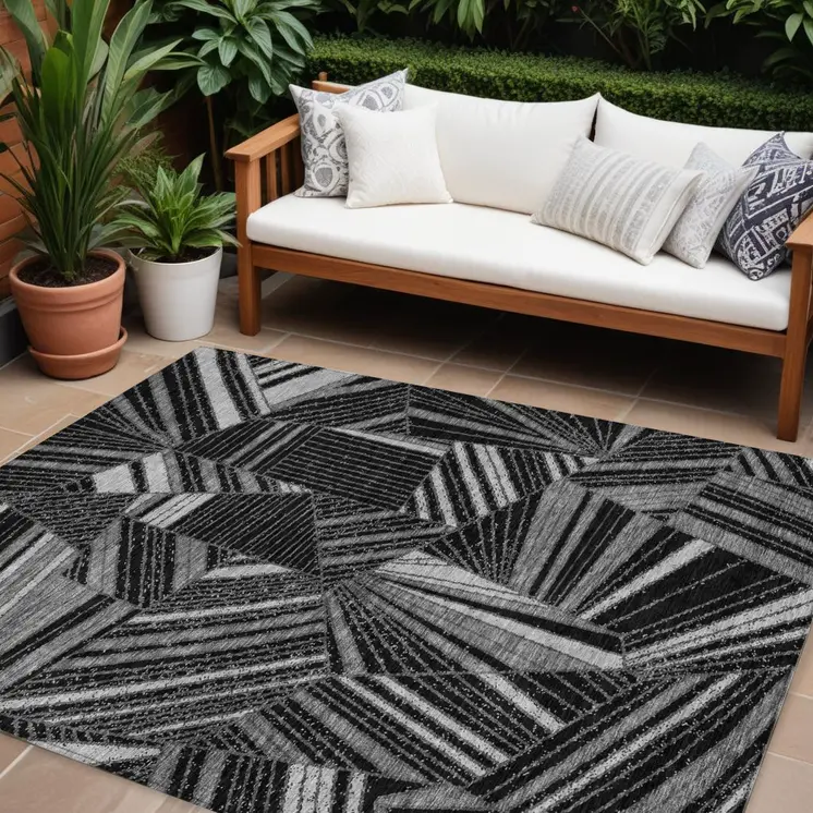 8' X 10' Black And Gray Geometric Washable Indoor Outdoor Area Rug