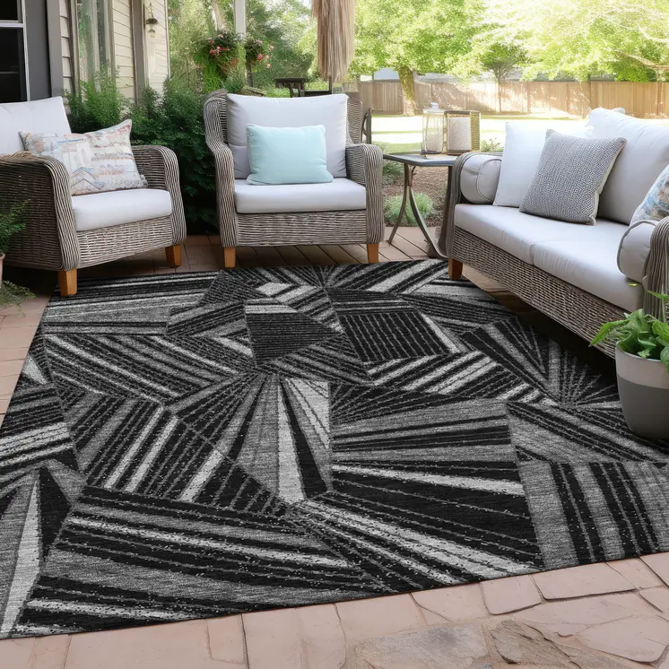 10' X 14' Black And Gray Geometric Washable Indoor Outdoor Area Rug