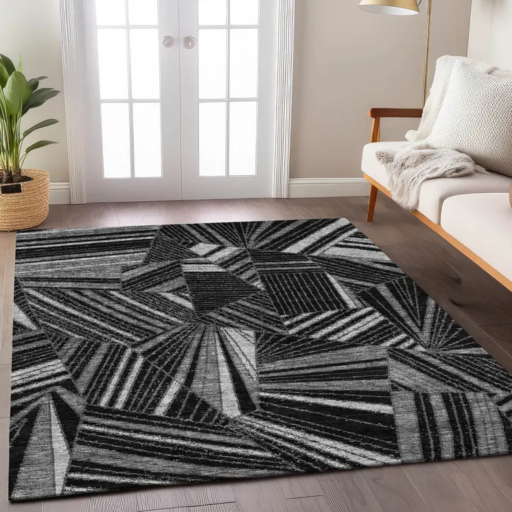 10' X 14' Black And Gray Geometric Washable Indoor Outdoor Area Rug