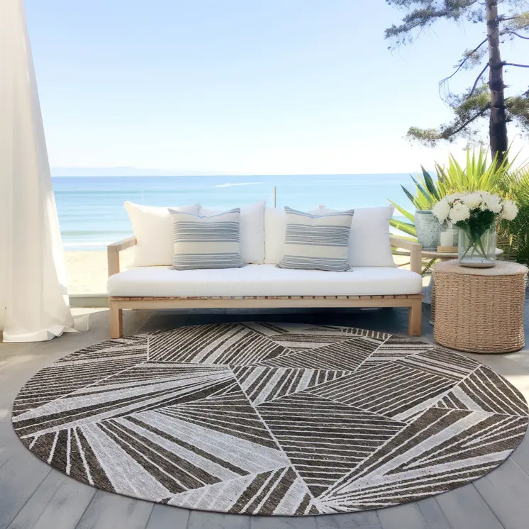 8' Brown And Beige Round Geometric Washable Indoor Outdoor Area Rug
