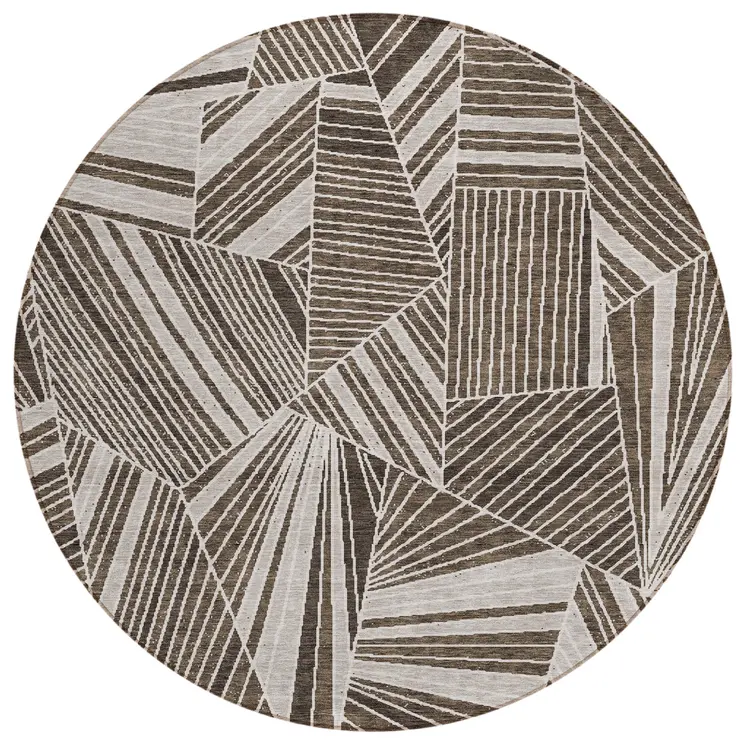 8' Brown And Beige Round Geometric Washable Indoor Outdoor Area Rug