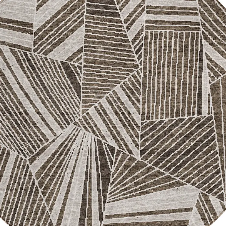 8' Brown And Beige Round Geometric Washable Indoor Outdoor Area Rug