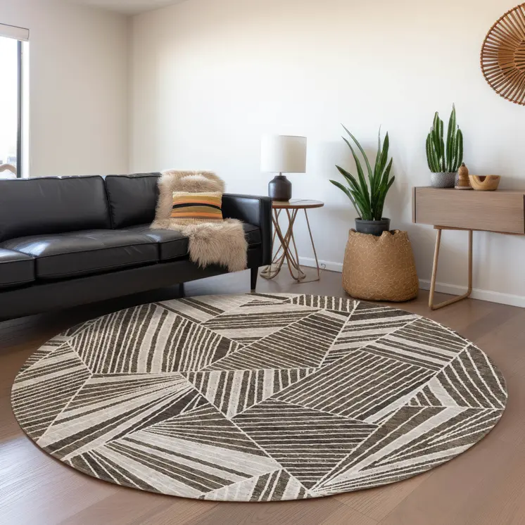 8' Brown And Beige Round Geometric Washable Indoor Outdoor Area Rug