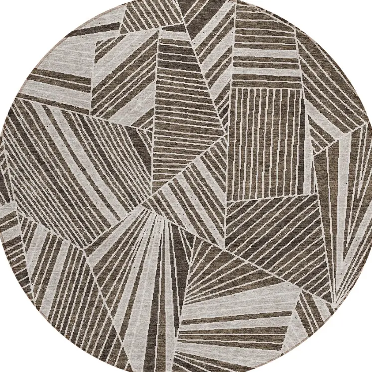 8' Brown And Beige Round Geometric Washable Indoor Outdoor Area Rug