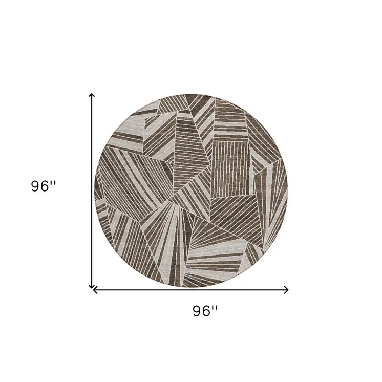 8' Brown And Beige Round Geometric Washable Indoor Outdoor Area Rug