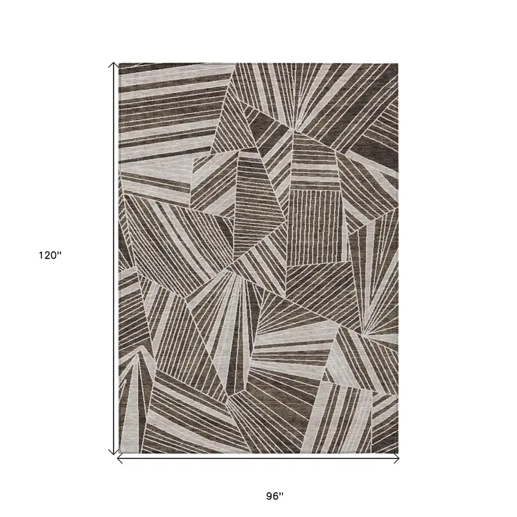 8' X 10' Brown And Beige Geometric Washable Indoor Outdoor Area Rug