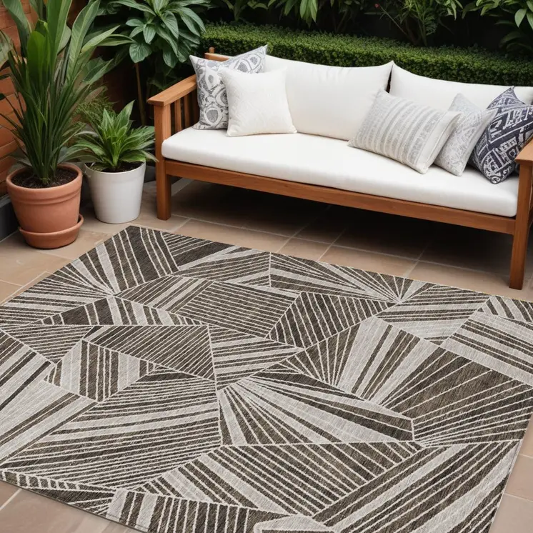 8' X 10' Brown And Beige Geometric Washable Indoor Outdoor Area Rug