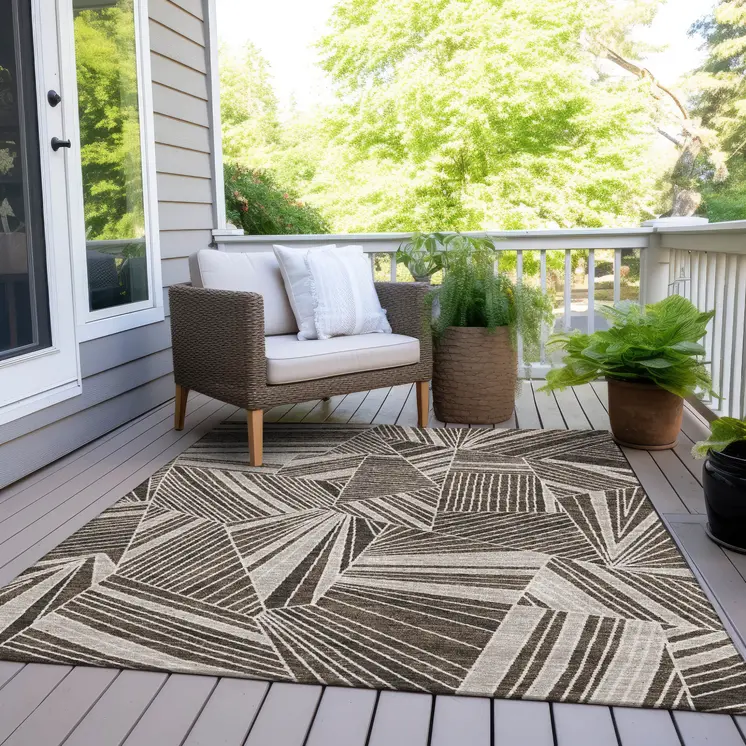 8' X 10' Brown And Beige Geometric Washable Indoor Outdoor Area Rug