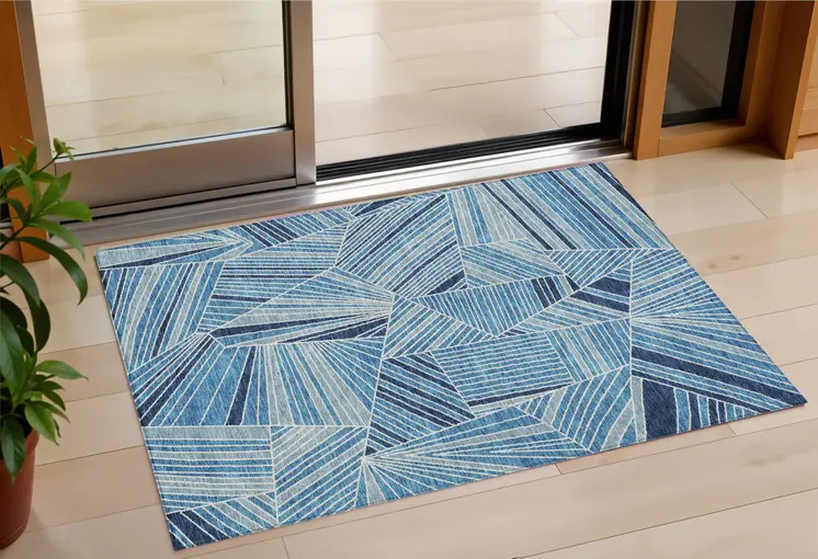 3' X 5' Blue And Teal Blue Geometric Washable Indoor Outdoor Area Rug