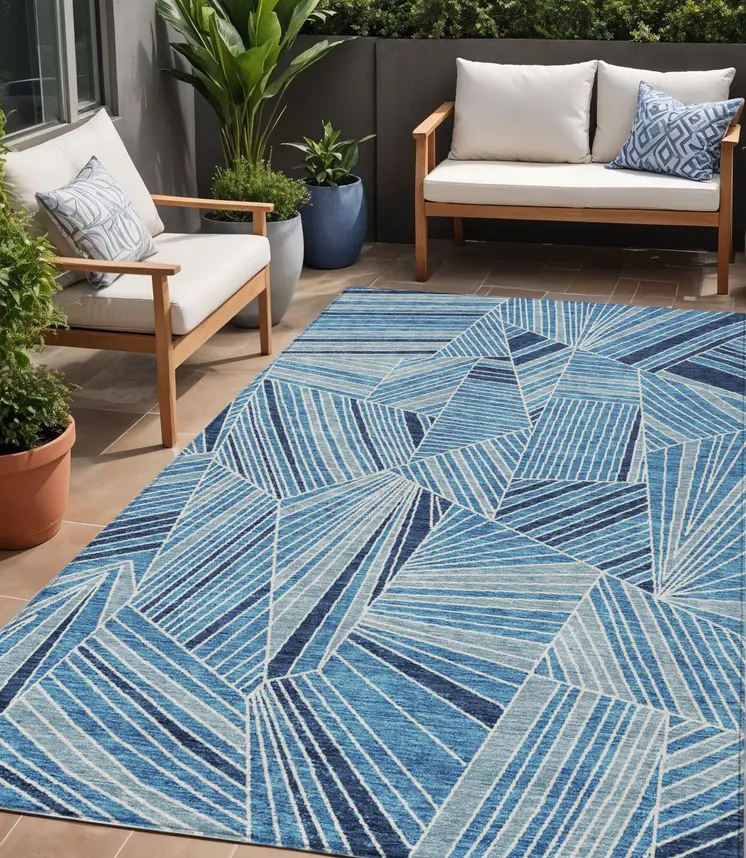 5' X 8' Blue And Teal Blue Geometric Washable Indoor Outdoor Area Rug