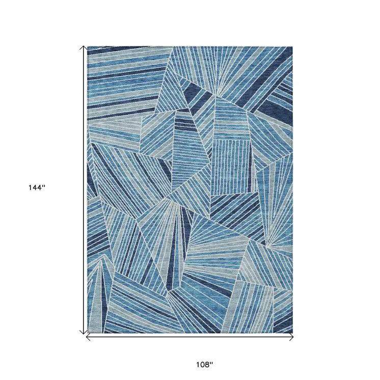 9' X 12' Blue And Teal Blue Geometric Washable Indoor Outdoor Area Rug