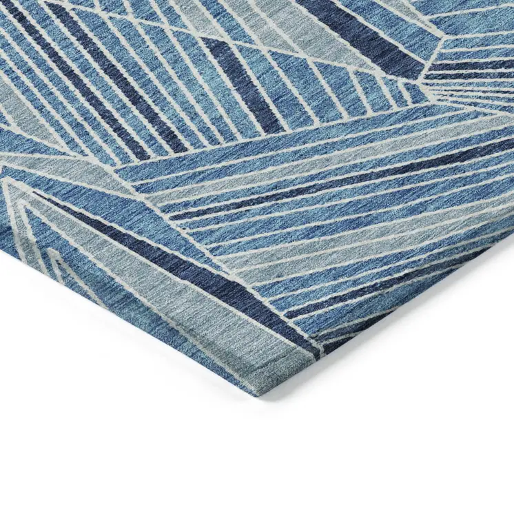 9' X 12' Blue And Teal Blue Geometric Washable Indoor Outdoor Area Rug