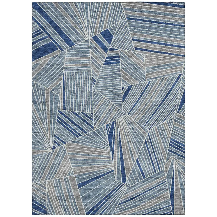 9' X 12' Denim Blue Gray And Ivory Geometric Washable Indoor Outdoor Area Rug