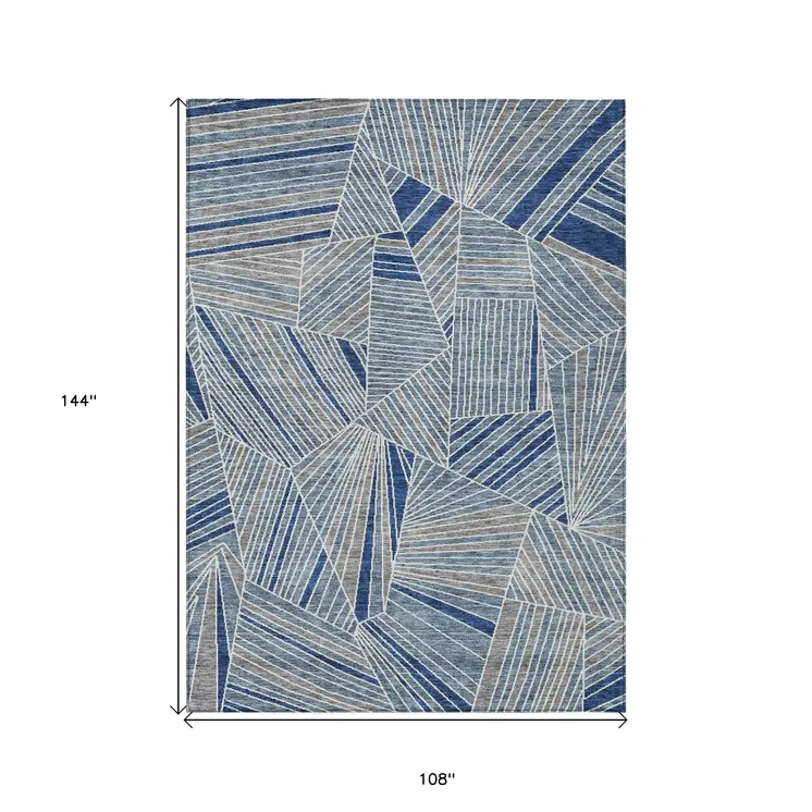 9' X 12' Denim Blue Gray And Ivory Geometric Washable Indoor Outdoor Area Rug