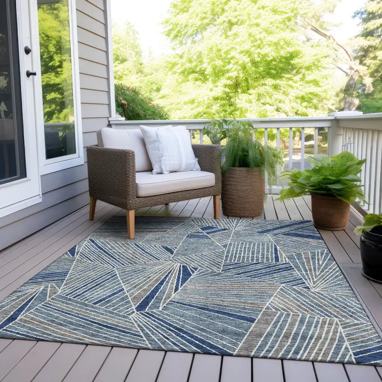 9' X 12' Denim Blue Gray And Ivory Geometric Washable Indoor Outdoor Area Rug