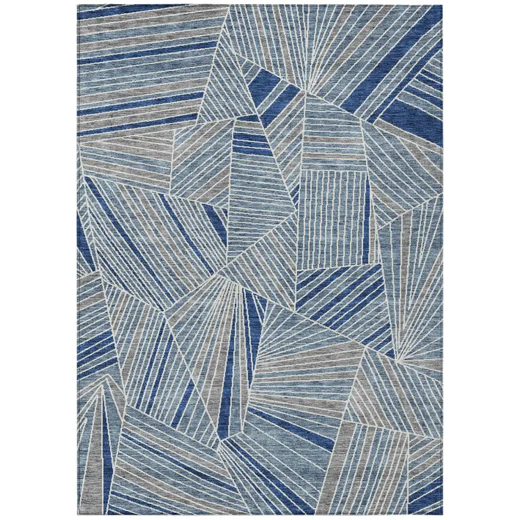 9' X 12' Denim Blue Gray And Ivory Geometric Washable Indoor Outdoor Area Rug