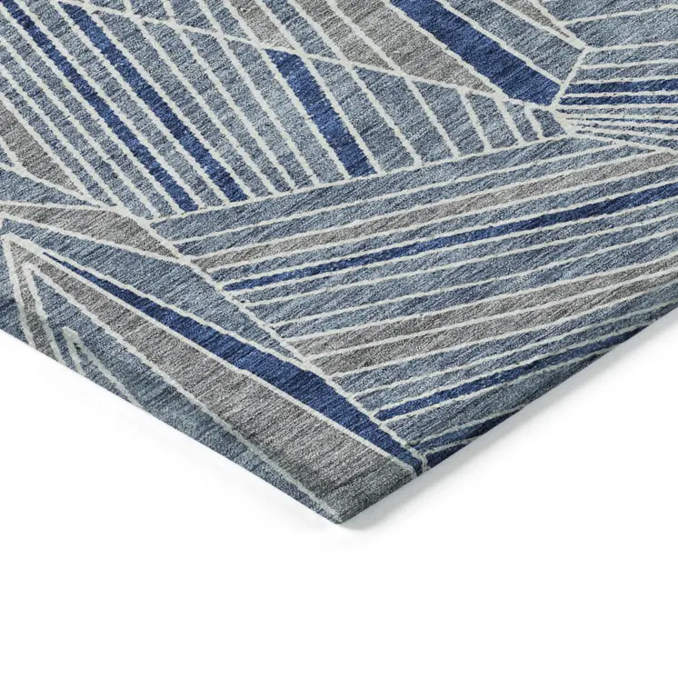 9' X 12' Denim Blue Gray And Ivory Geometric Washable Indoor Outdoor Area Rug