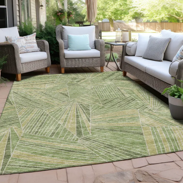 3' X 5' Green And Olive Green Geometric Washable Indoor Outdoor Area Rug