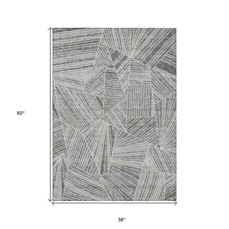 3' X 5' Gray And Ivory Geometric Washable Indoor Outdoor Area Rug