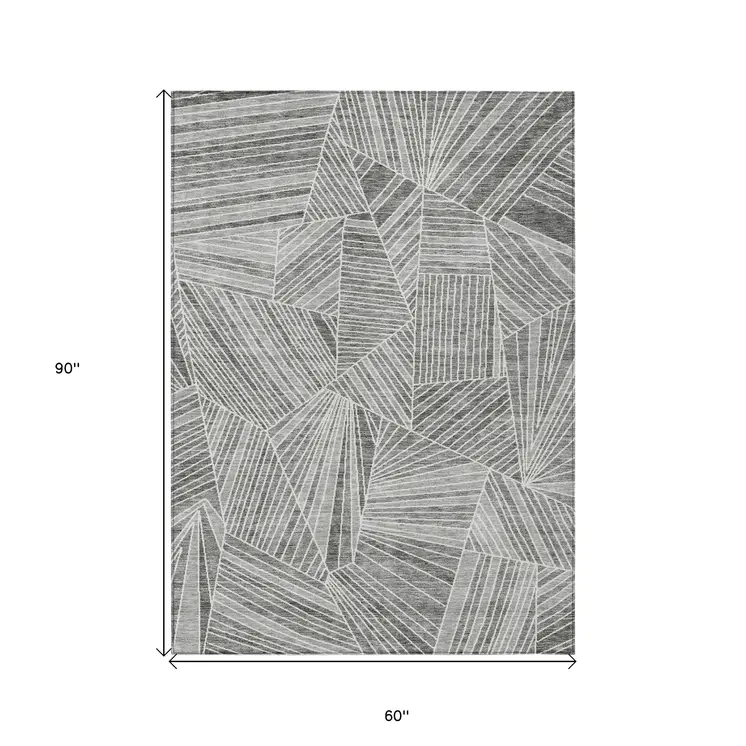 5' X 8' Gray And Ivory Geometric Washable Indoor Outdoor Area Rug