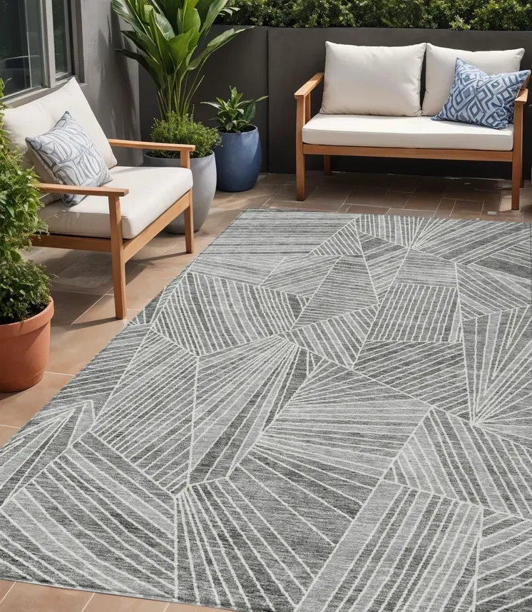 5' X 8' Gray And Ivory Geometric Washable Indoor Outdoor Area Rug