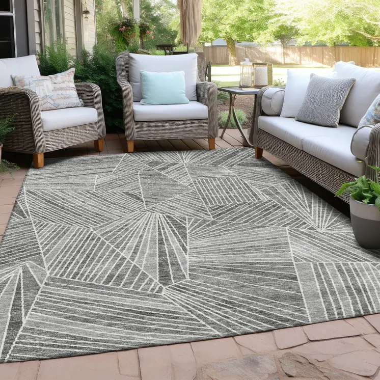 5' X 8' Gray And Ivory Geometric Washable Indoor Outdoor Area Rug
