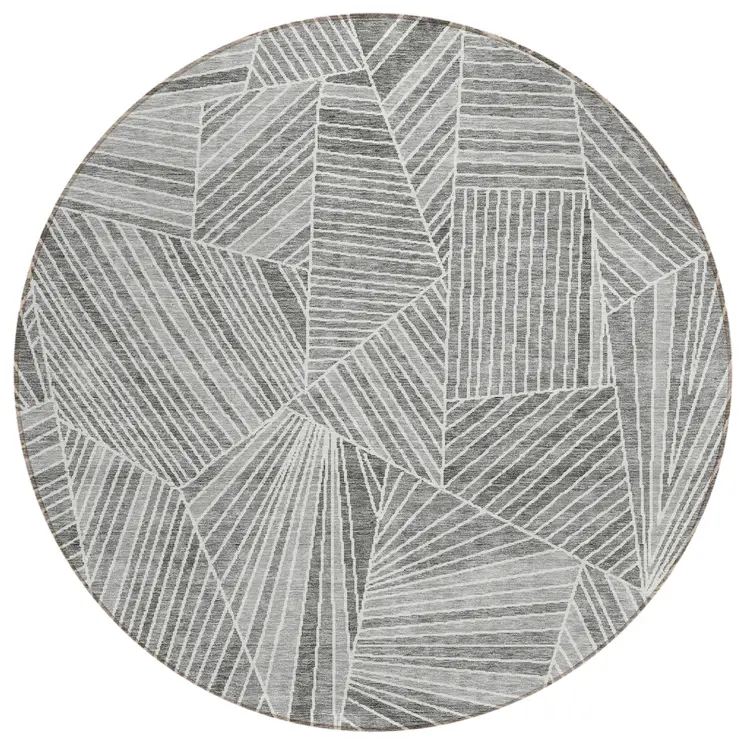 8' Gray And Ivory Round Geometric Washable Indoor Outdoor Area Rug
