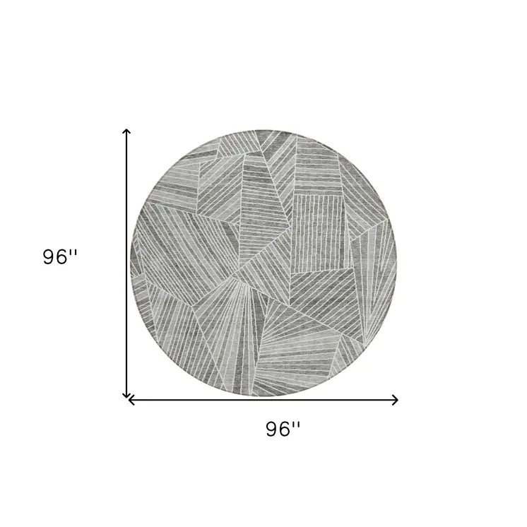 8' Gray And Ivory Round Geometric Washable Indoor Outdoor Area Rug