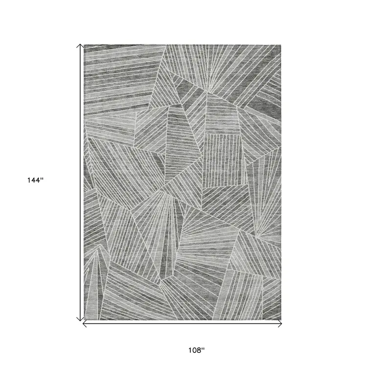 9' X 12' Gray And Ivory Geometric Washable Indoor Outdoor Area Rug