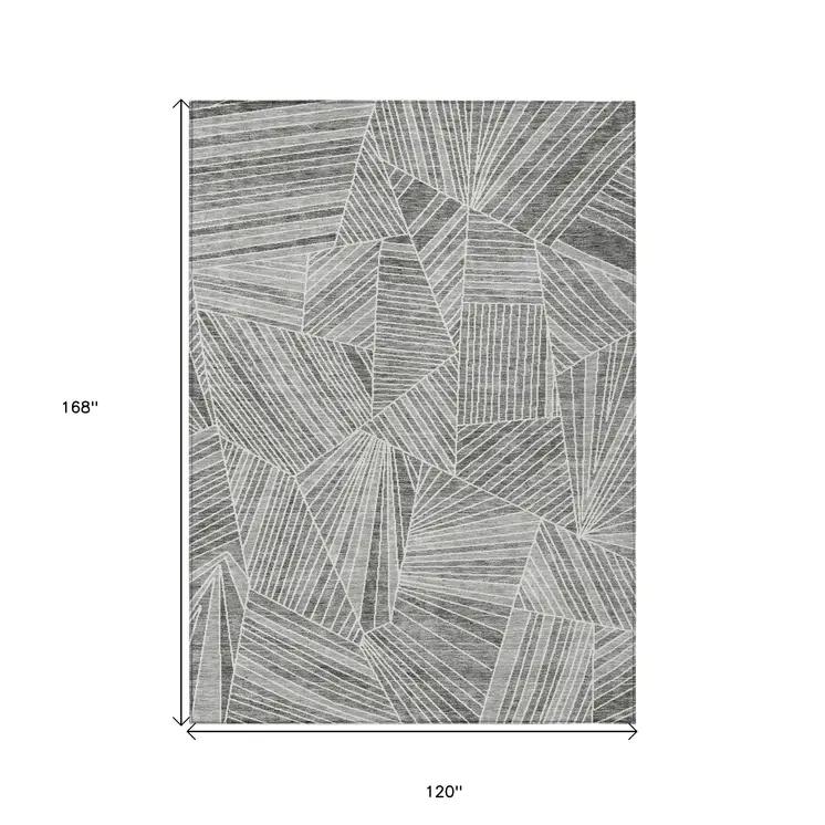 10' X 14' Gray And Ivory Geometric Washable Indoor Outdoor Area Rug