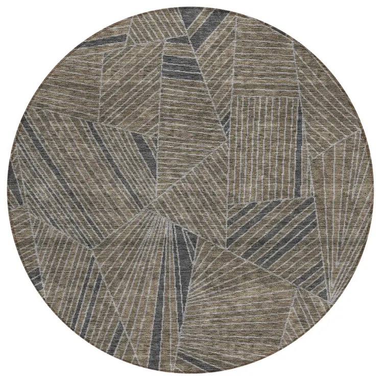 8' Brown Black And Gray Round Geometric Washable Indoor Outdoor Area Rug