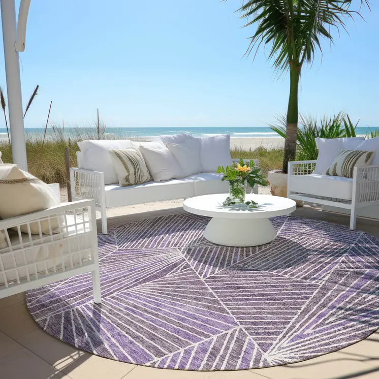 8' Purple And Ivory Round Geometric Washable Indoor Outdoor Area Rug