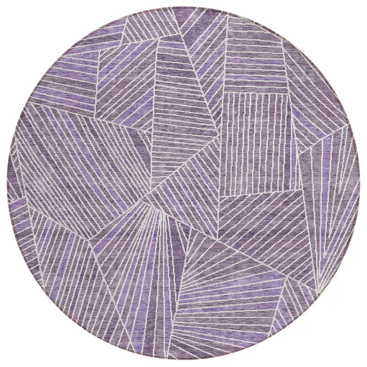 8' Purple And Ivory Round Geometric Washable Indoor Outdoor Area Rug