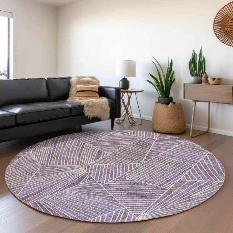 8' Purple And Ivory Round Geometric Washable Indoor Outdoor Area Rug