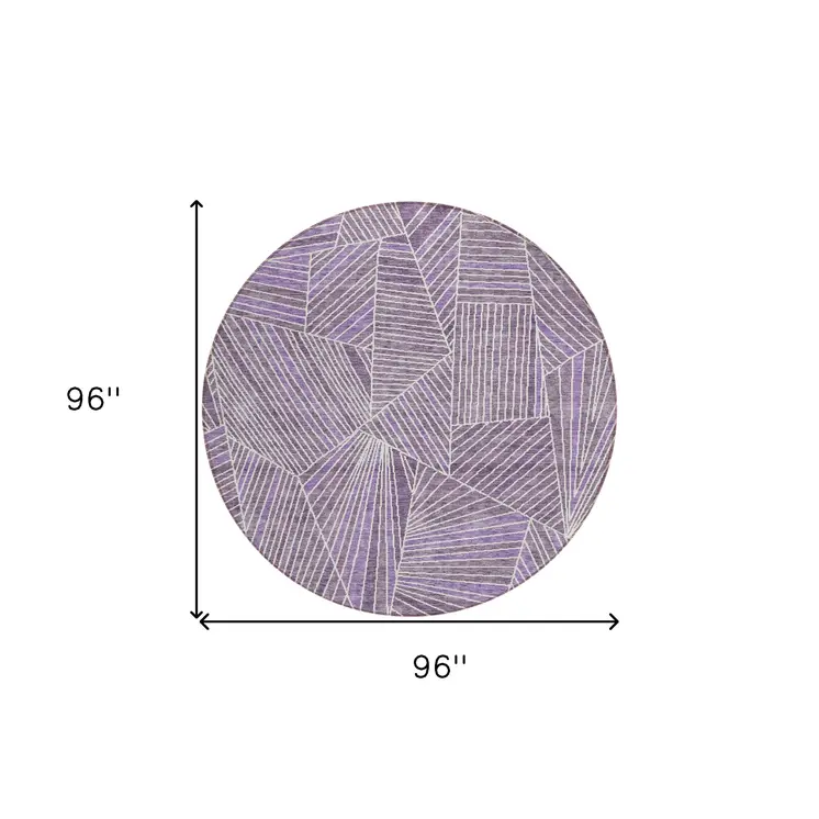 8' Purple And Ivory Round Geometric Washable Indoor Outdoor Area Rug