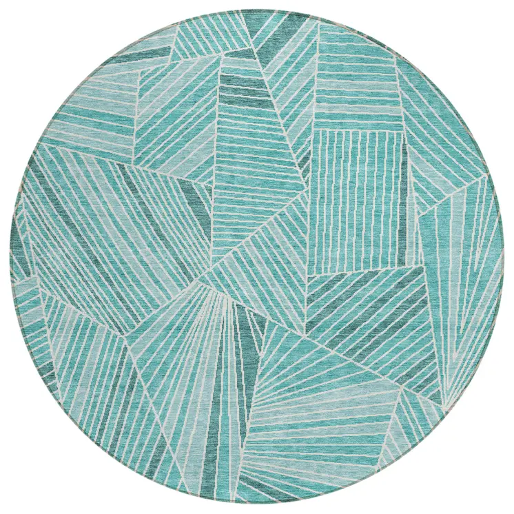 8' Teal Blue And Ivory Round Geometric Washable Indoor Outdoor Area Rug