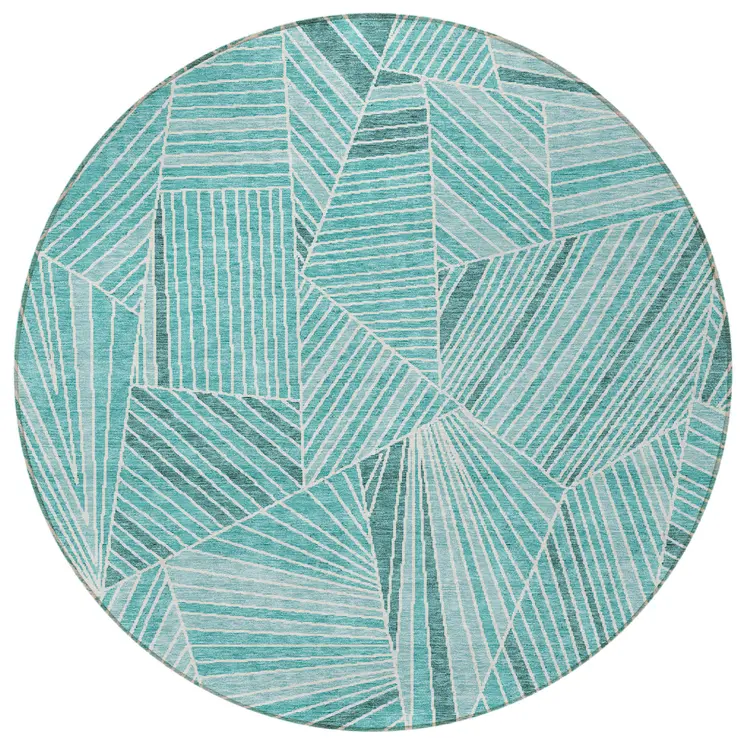 8' Teal Blue And Ivory Round Geometric Washable Indoor Outdoor Area Rug