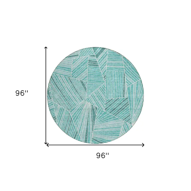 8' Teal Blue And Ivory Round Geometric Washable Indoor Outdoor Area Rug