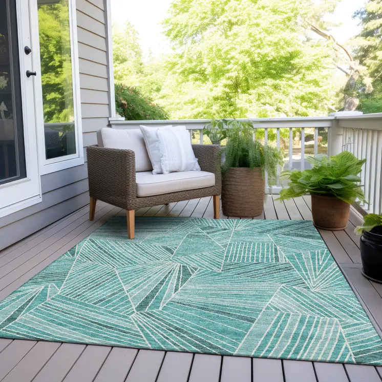 10' X 14' Teal Blue And Ivory Geometric Washable Indoor Outdoor Area Rug