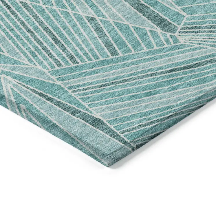 10' X 14' Teal Blue And Ivory Geometric Washable Indoor Outdoor Area Rug