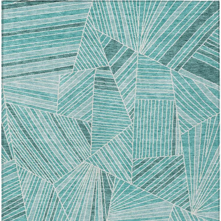 10' X 14' Teal Blue And Ivory Geometric Washable Indoor Outdoor Area Rug