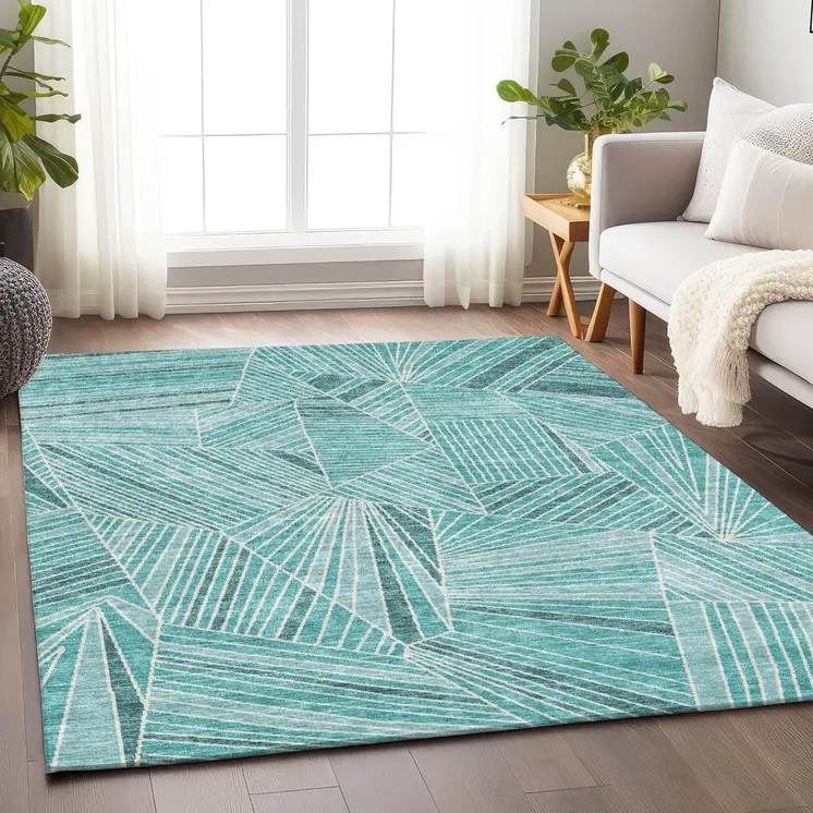 10' X 14' Teal Blue And Ivory Geometric Washable Indoor Outdoor Area Rug