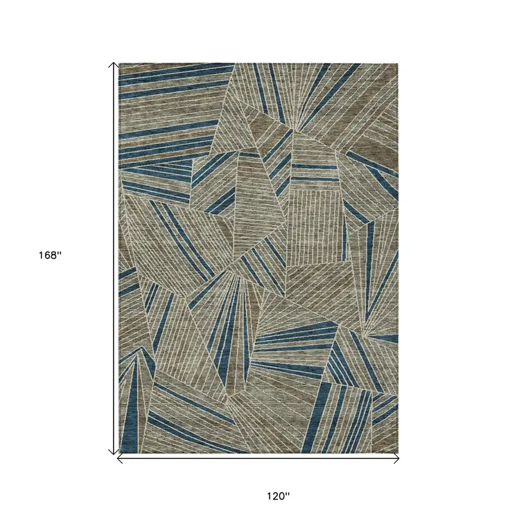 10' X 14' Taupe Blue And Beige Geometric Washable Indoor Outdoor Area Rug