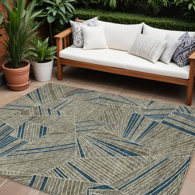 10' X 14' Taupe Blue And Beige Geometric Washable Indoor Outdoor Area Rug