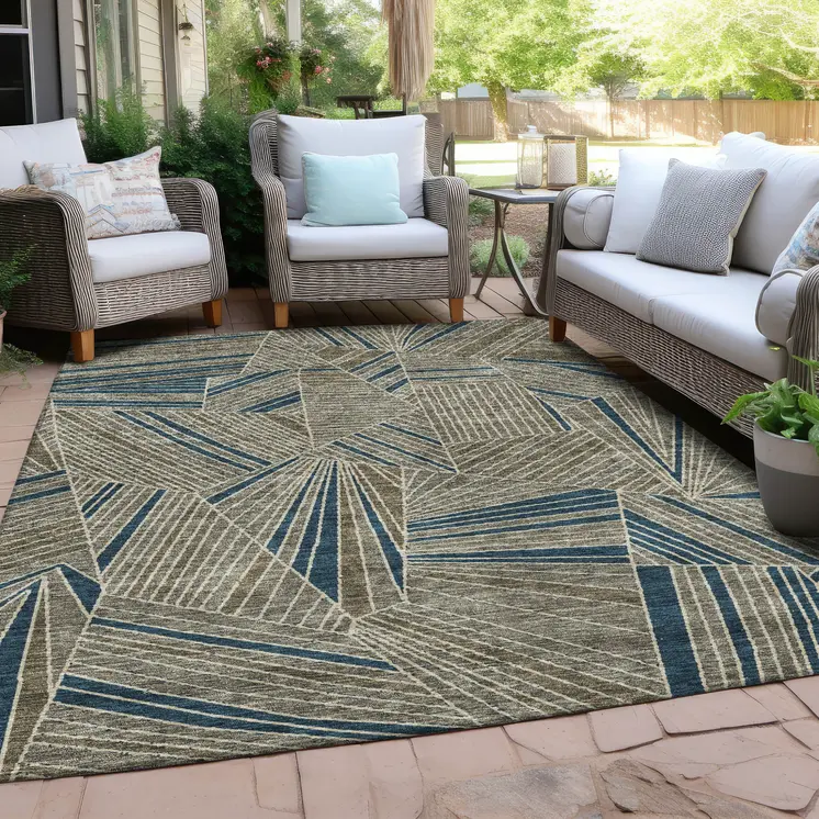 10' X 14' Taupe Blue And Beige Geometric Washable Indoor Outdoor Area Rug